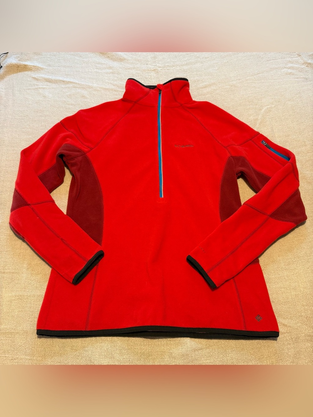 Columbia Women’s Bright Red Quarter-Zip Fleece with Maroon Panels